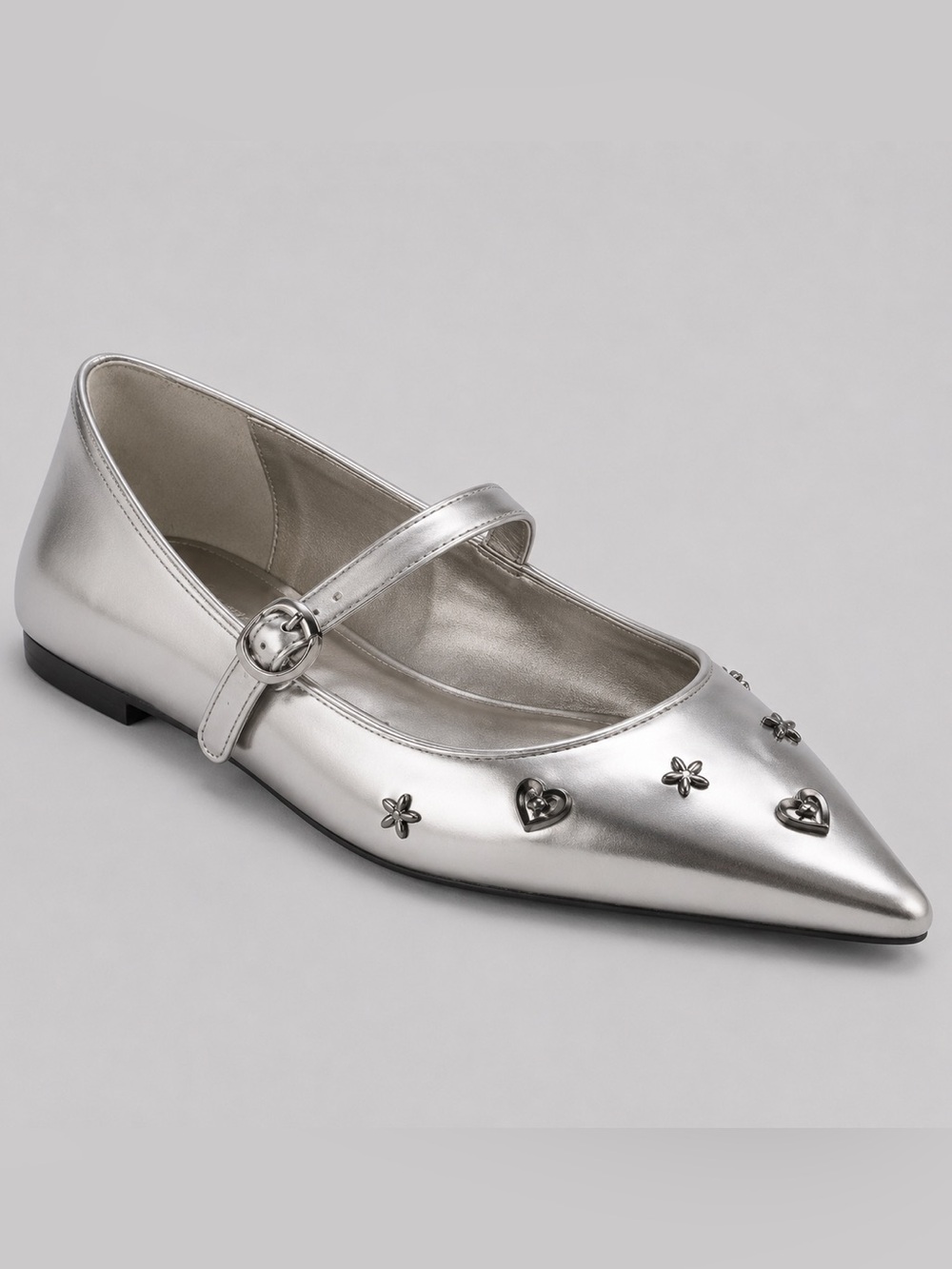 Karl Lagerfeld Silver Veyda Embellished Mary Jane Flats Shoes Pointed Toe Sz 6.5